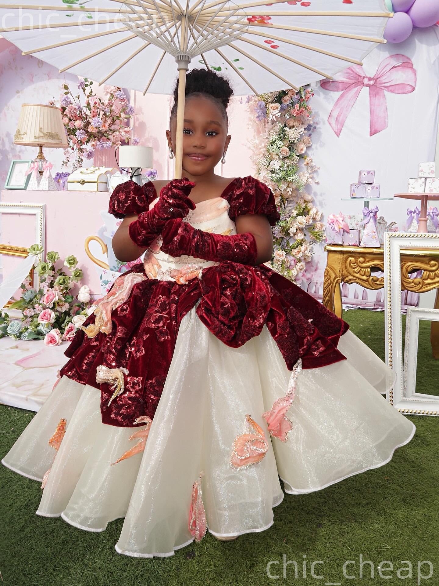 2026 Ivory Burgundy Ball Gown Flower Girl Dresses Florals Organza Portrait Little Girl Christmas Peageant Birthday Christening Tutu Dress Gowns ZJ422