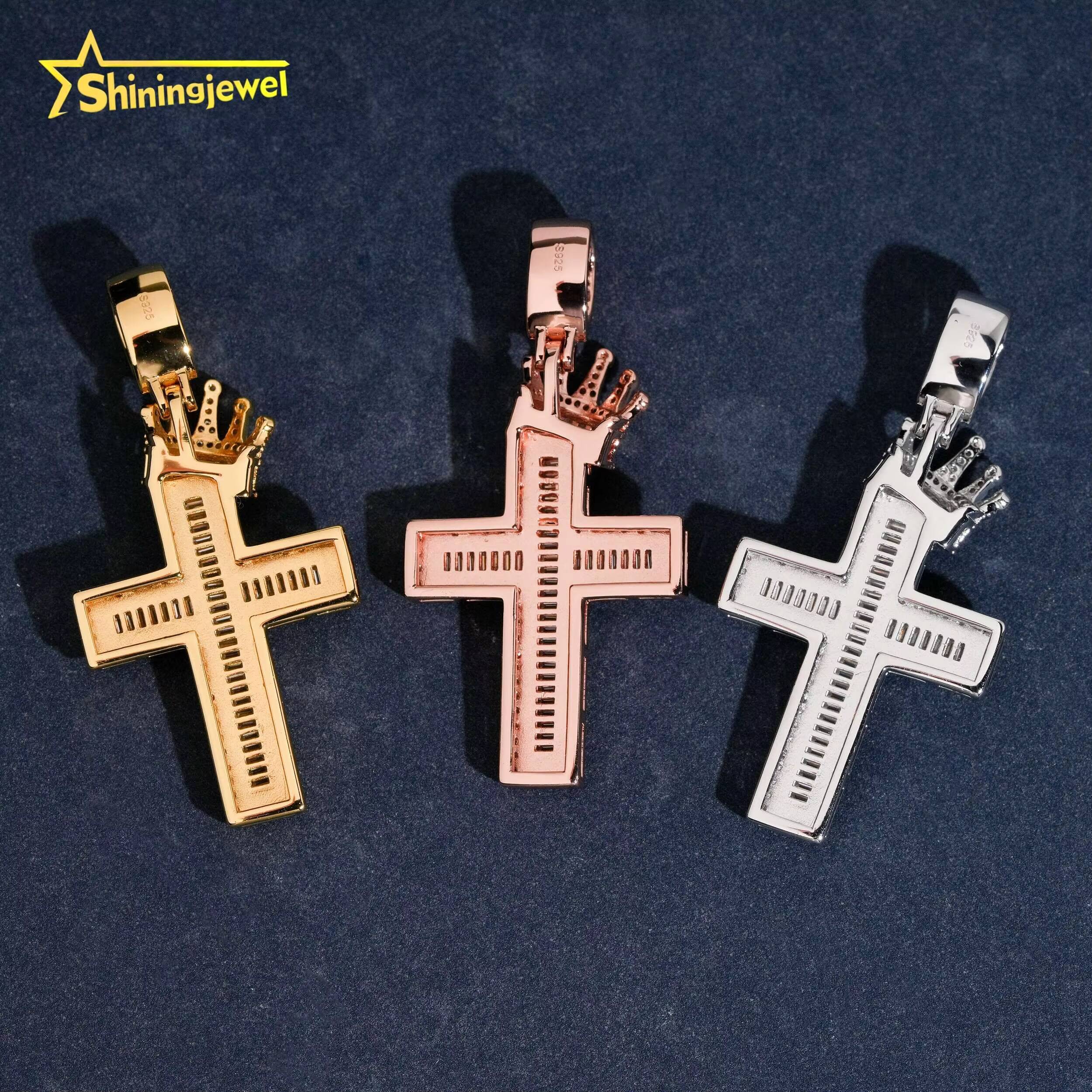 Instock Iced Out Pendant Cross Moissanite Pendant Charm Solid 925 Sterling Silver Cross Pendant with Crown Pass Diamond Tester