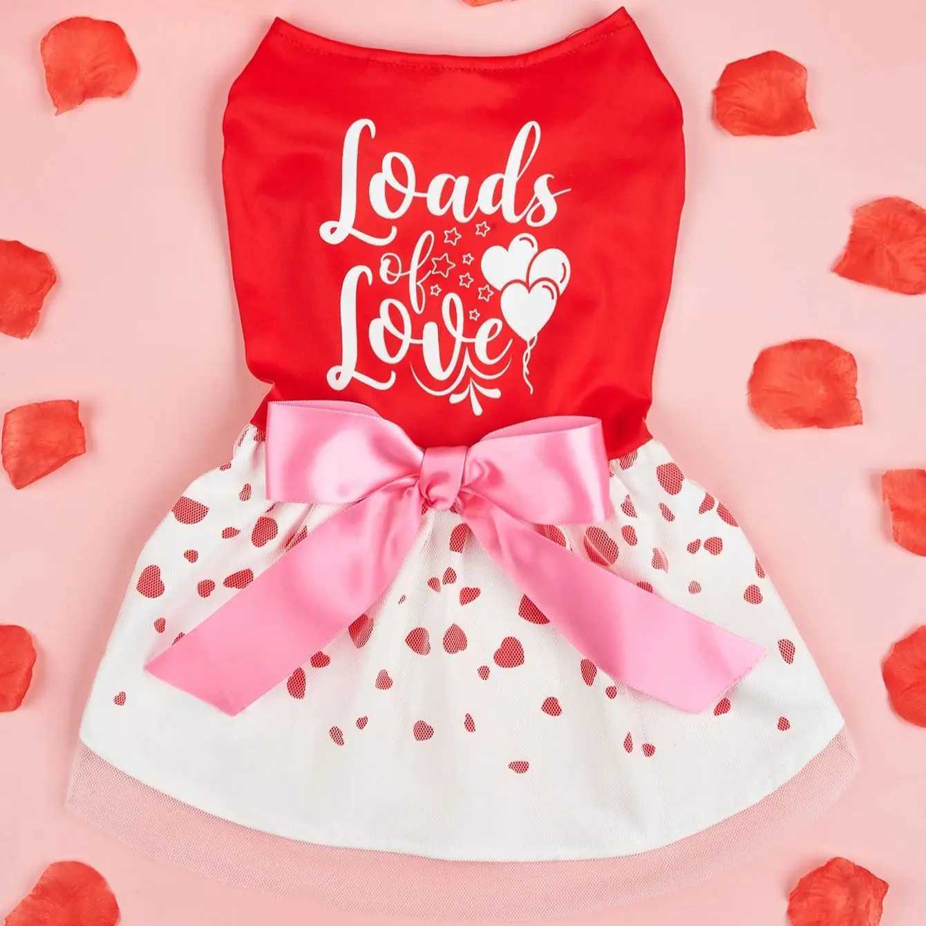 Valentines Day Pet Dress Red Top Loads of Love Cute Puppy Skirt with Heart Prints Bow - tied Doggie Outfit Clothes Apparel M251208