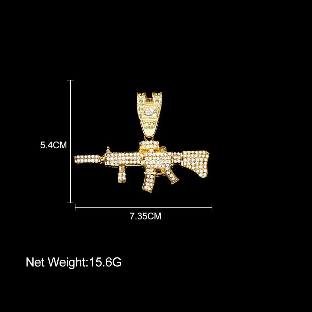 Men Women Crystal Gun AK47 Pendant Necklace Punk Hip Hop 14MM Prong Miami Cuban Link Chain Rapper Necklaces Jewelry For Gifts 251204
