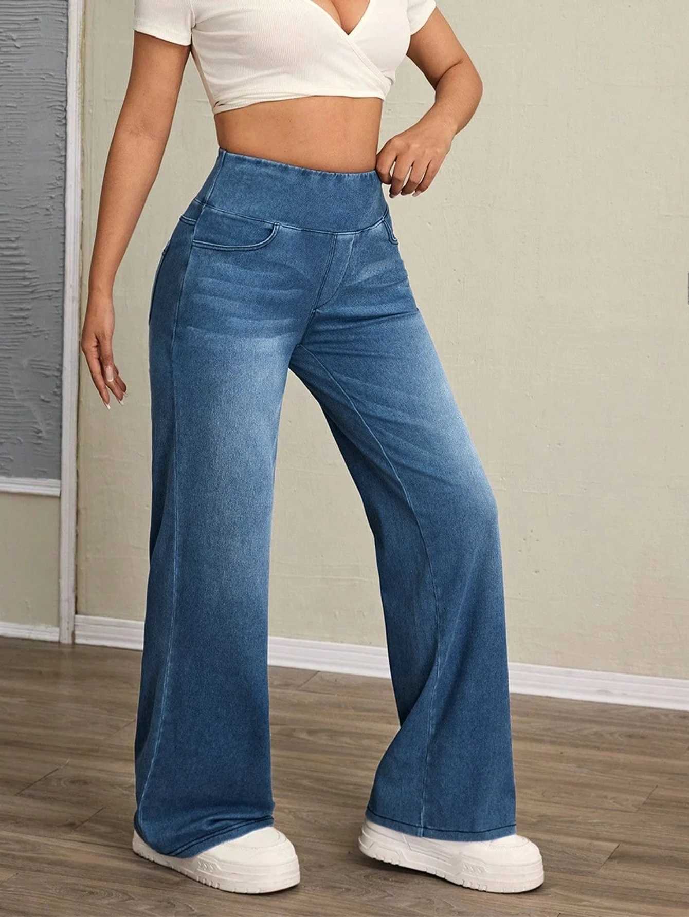Womens high-rise wide-leg jeans with tummy tuck slim fit made from stretch denim fabric are stylish for casual everyday wearT251208