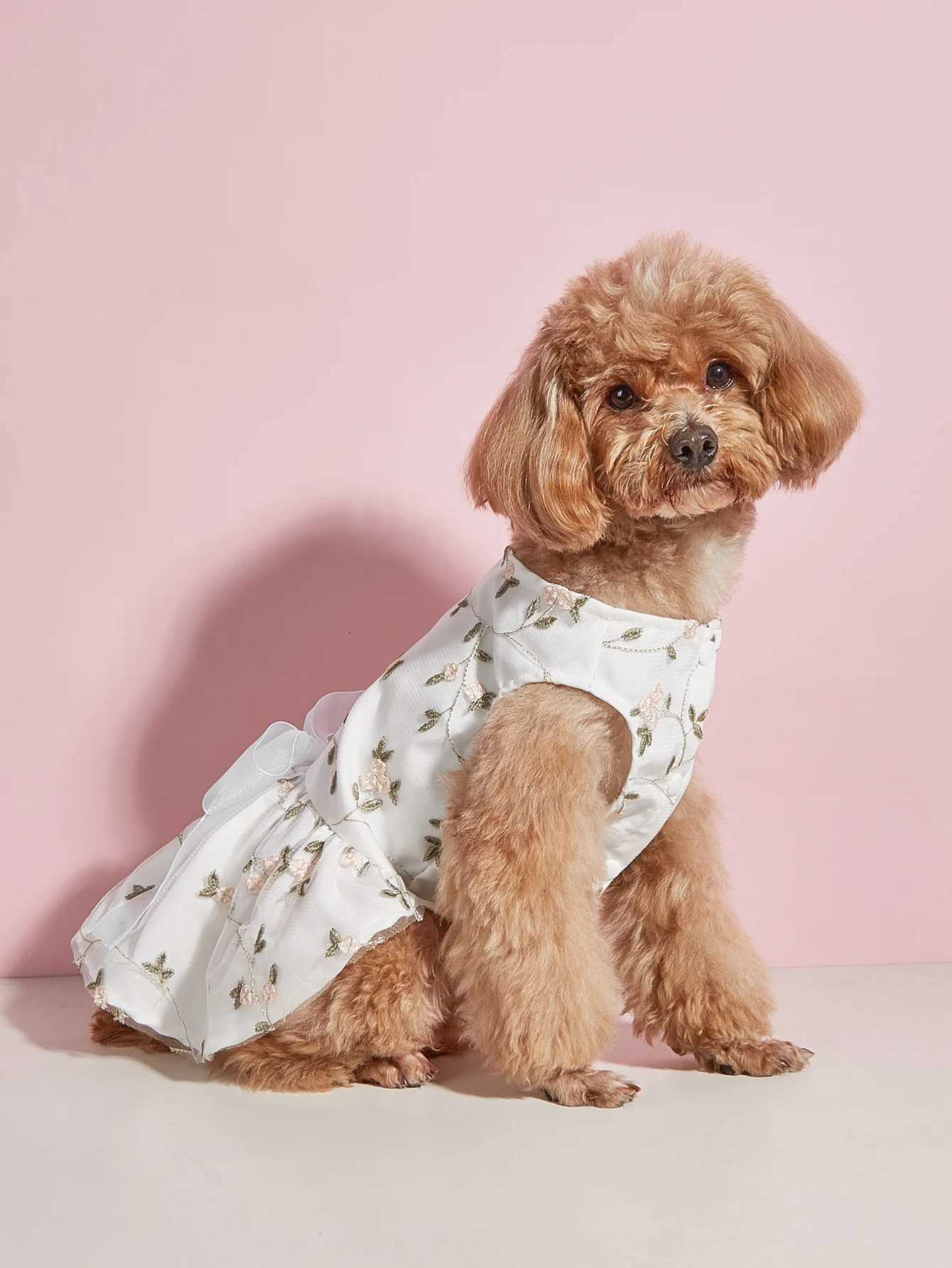 Dog Dress Girl Dog Sleeveless Clothes Embroidered Flower Pet Apparel Doggie Tulle Bowknot Cat Clothing Puppy Dresses M251208