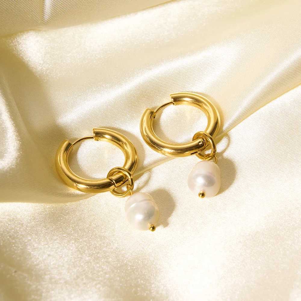 Pearl Drop Earrings For Women Gold Color Stainless Steel Freshwater Pearl Hoop Ear Accessory J251208