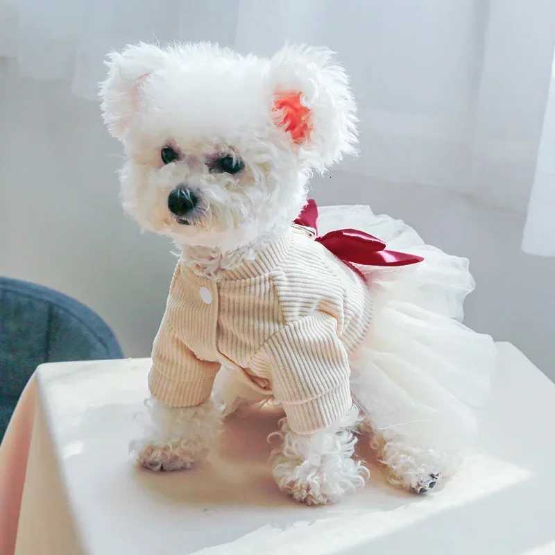1PC Beige Chest Back Gauze Skirt Pet Clothes Dog Cat Anti-hair Loss Beige Princess Style Dress Red Bow Traction M251208