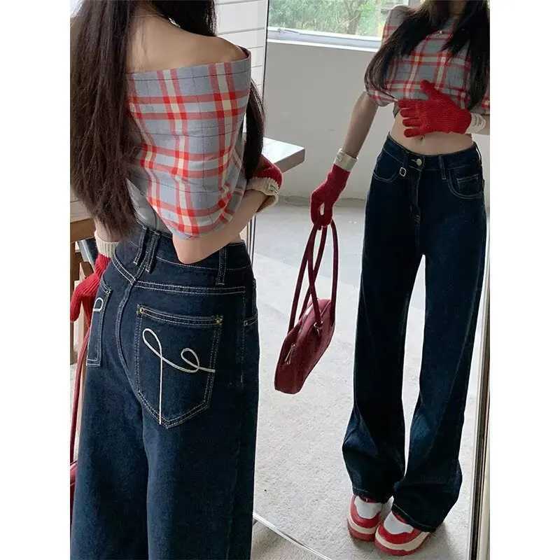 Embroidery Retro High Waist Straight Leg Jeans Womens Loose Casual Wide Leg Pants Floor-Length Trousers Autumn CollectionT251208
