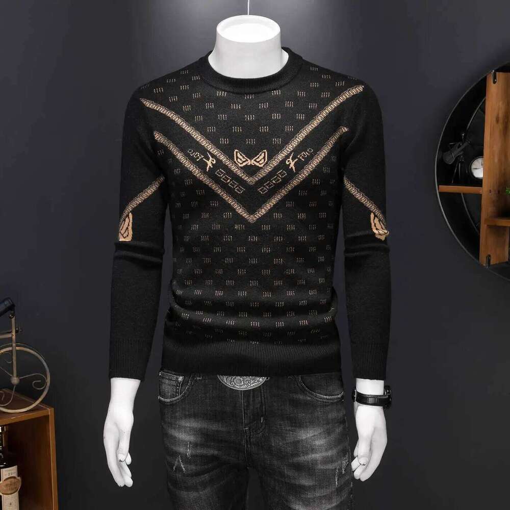 Vintage Fashion Men Winter Men's Jacquard Wool Blend Sweater Round-Neck Knitted Club Outfits Base Shirt
