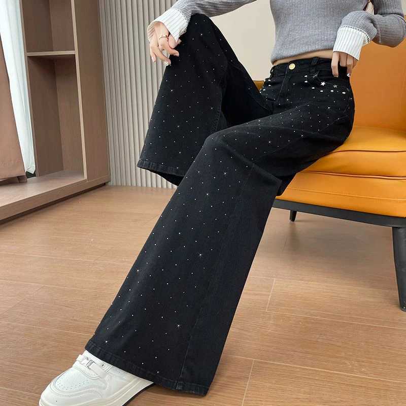 KSTUN Micro-Flared Jeans For Women High-end Black Studded Diamond Ladies Bell-bottoms Trousers High Waist Stretch Denim PantsT251208