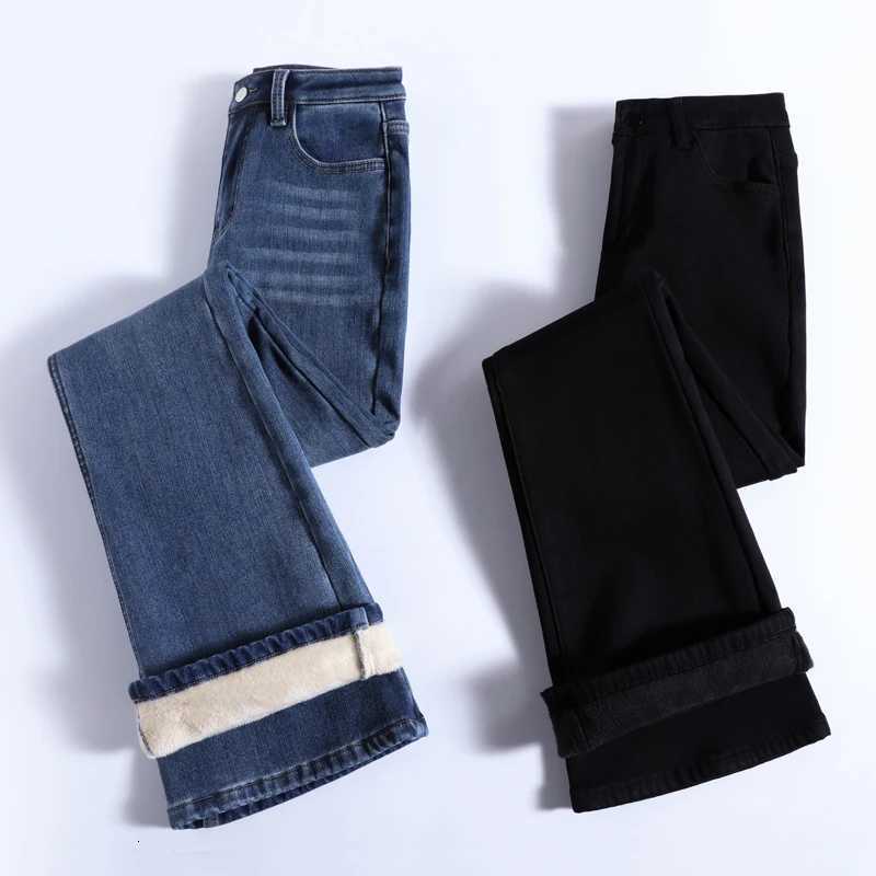 Winter Warm Womens Jeans Fashion Slim Thicken Fleece Flared Pants High Waist Elastic Skinny Velvet Plus Length Female JeansT251208