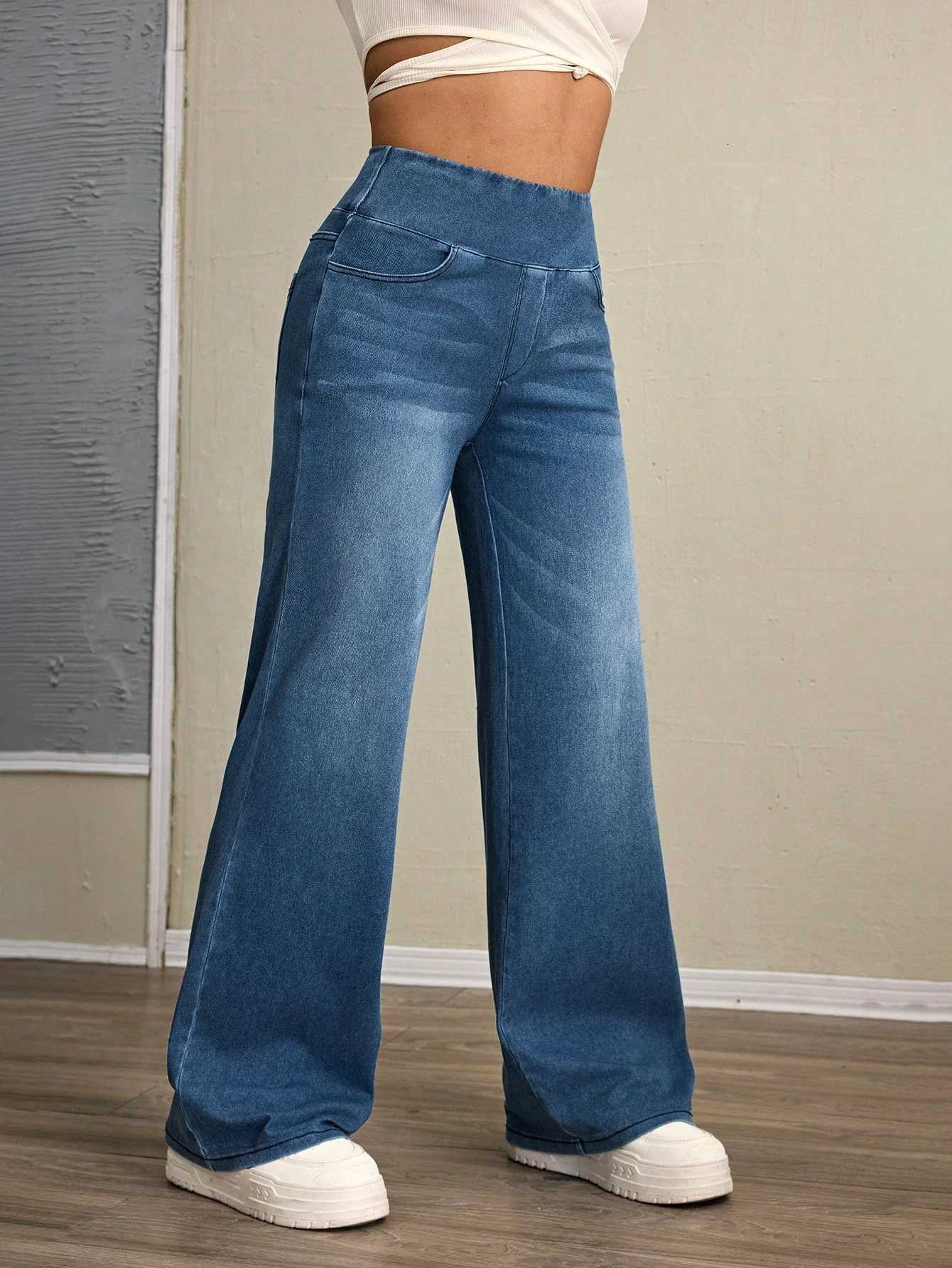Womens high-rise wide-leg jeans with tummy tuck slim fit made from stretch denim fabric are stylish for casual everyday wearT251208