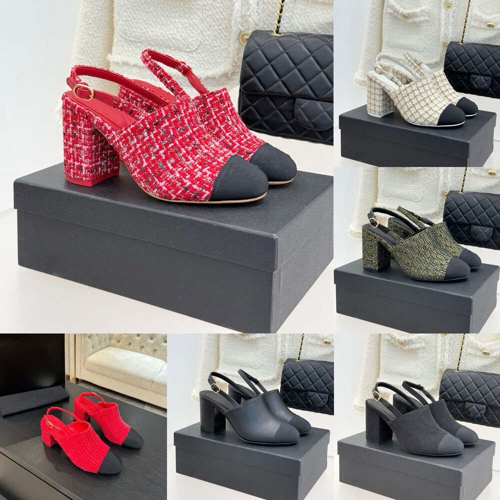Designer Shoe woman party Wedding shoes top quality loafers Real leather Tweed slingback Sandals pumps Chunk block heels Square toes Office dress Red black