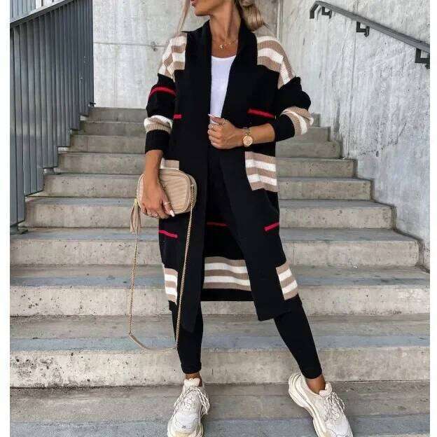 Spring Autumn Coats Casual Stripes Knitted Clothes Women Oversized Cardigan Long Sweater Coat