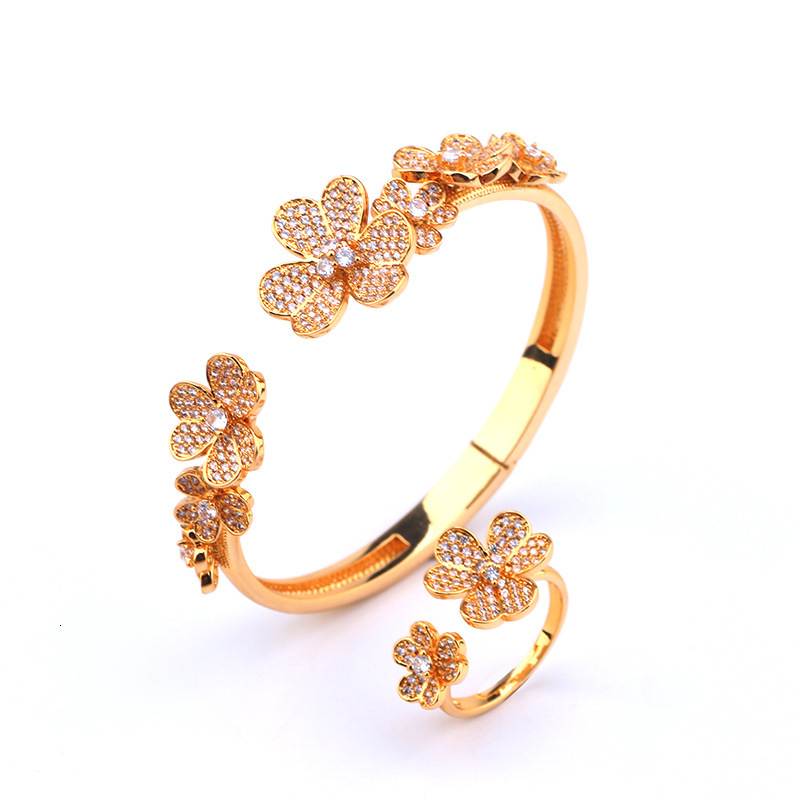 Fashion Full Zircon Three-Leaf Flower Bracelet Fresh Open Ring Set For Women Light Luxury Elegant Jewelry 79