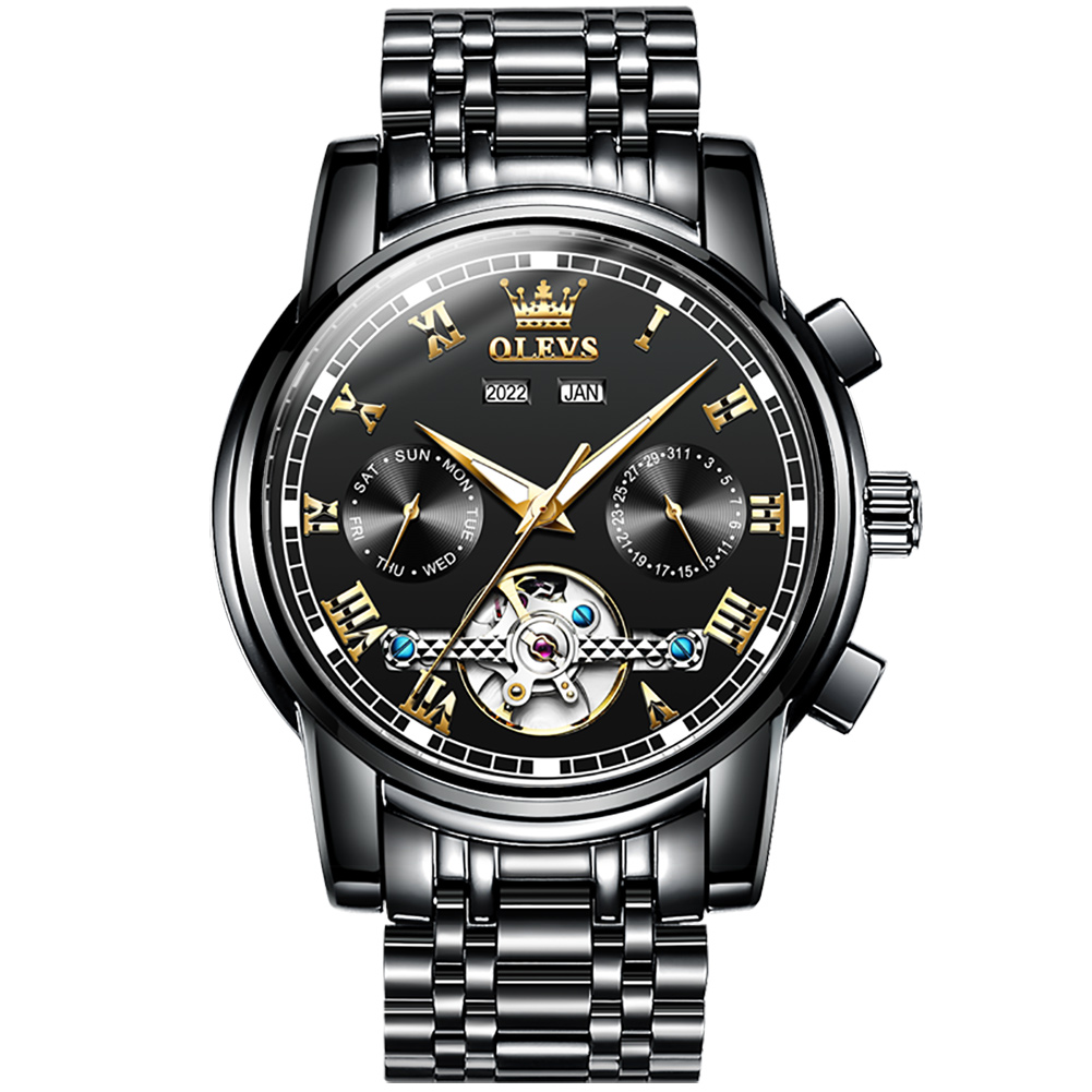 OLEVS Multi functional fully automatic mechanical watch with hollow out waterproof men's watch three eye calendar Men watch