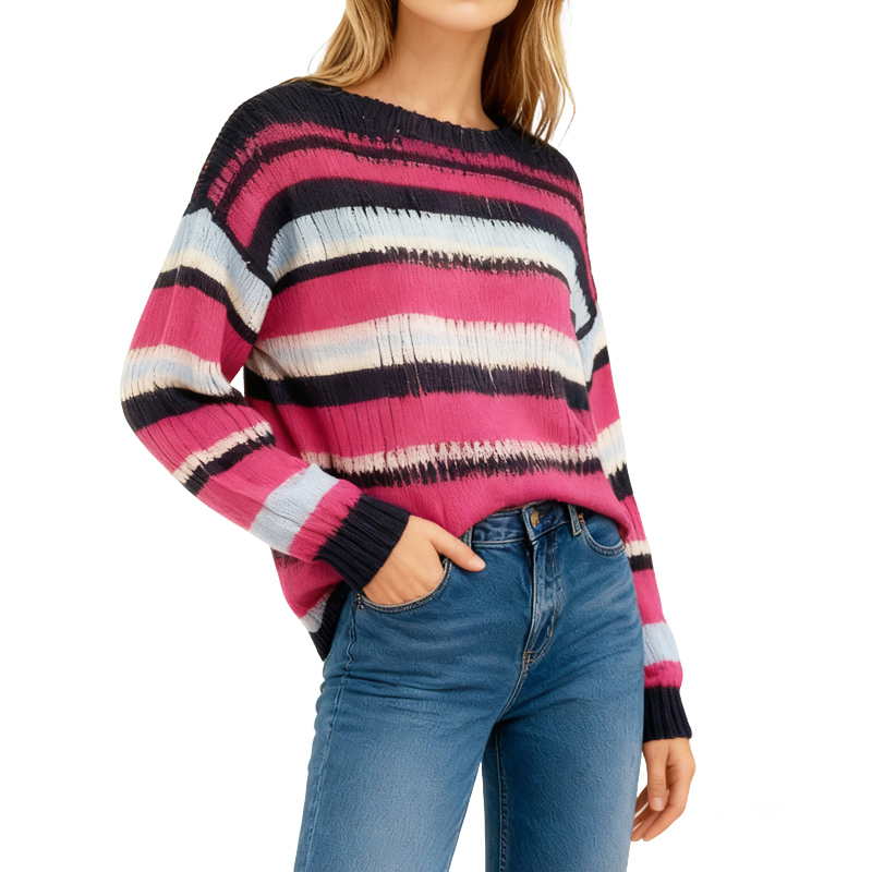Women's Blouses Women's Pleated Striped Crew Neck Long Sleeve Sweater - Loose Fit Retro Knit Top 22261