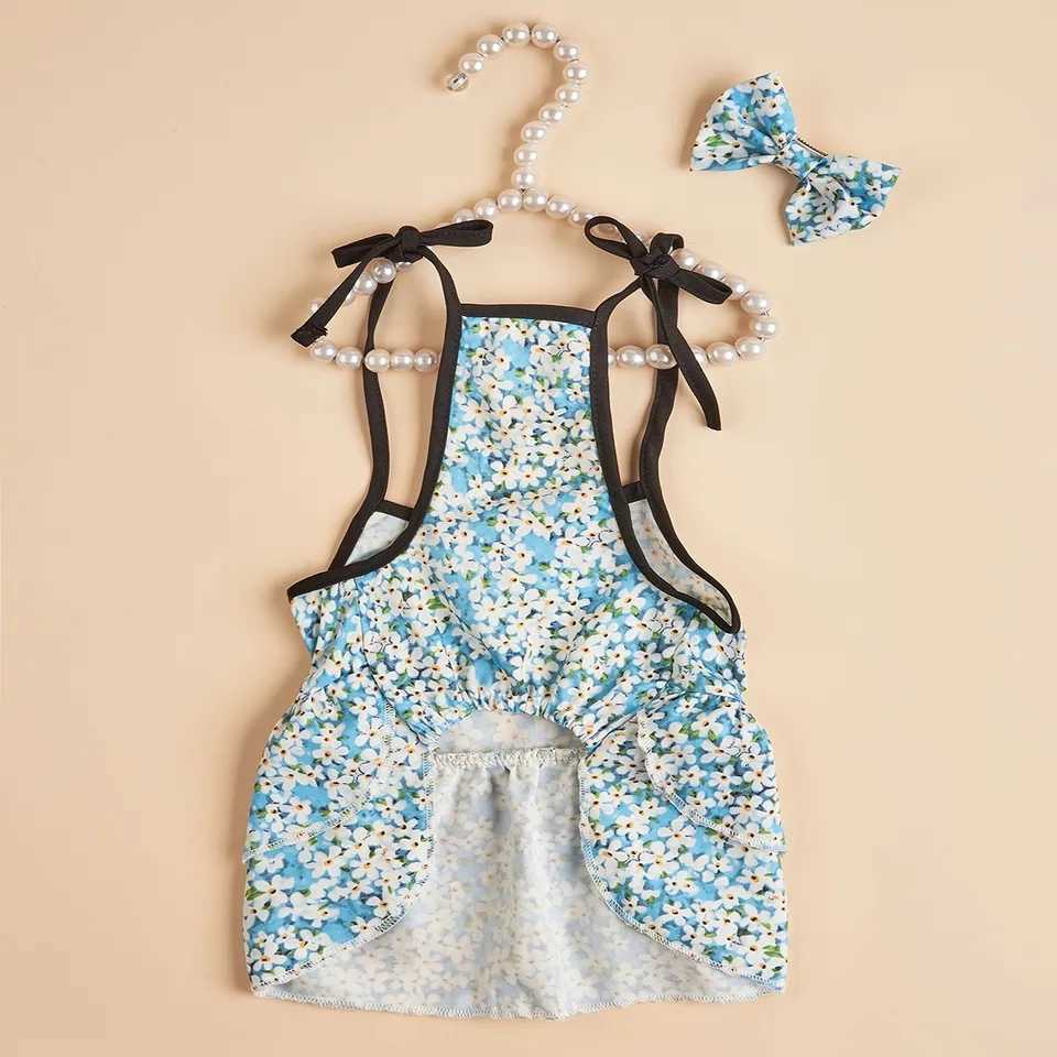 Cute Puppy Dress Set Blue Floral Print Bow Hair Accessory Ruffled Skirt Sweet Pet Wear for Daily Pet Apparel Adorable Costume M251208