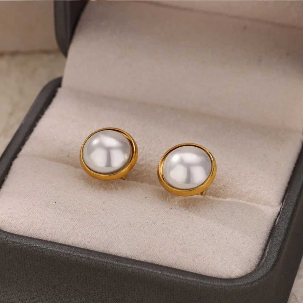 French Vintage Imitation Pearl Earrings for Women Stainless Steel Gold Color Piercing Earrings Fashion Wedding Jewelry Gift J251208