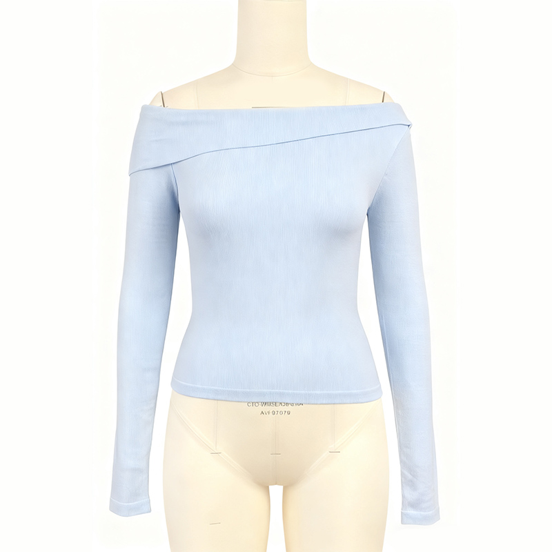 Women's Blouses Women's Asymmetrical Off-the-Shoulder Long Sleeve Crop Top - Light Blue Stretchy Knit Shirt 8184935
