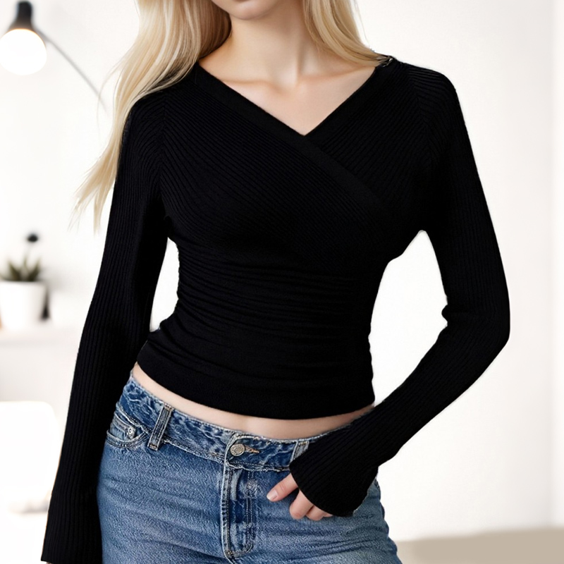 Women's Blouses Women's Ribbed Knit Cross V-Neck Long Sleeve Crop Top - Black Fitted Slim Shirt 8185770
