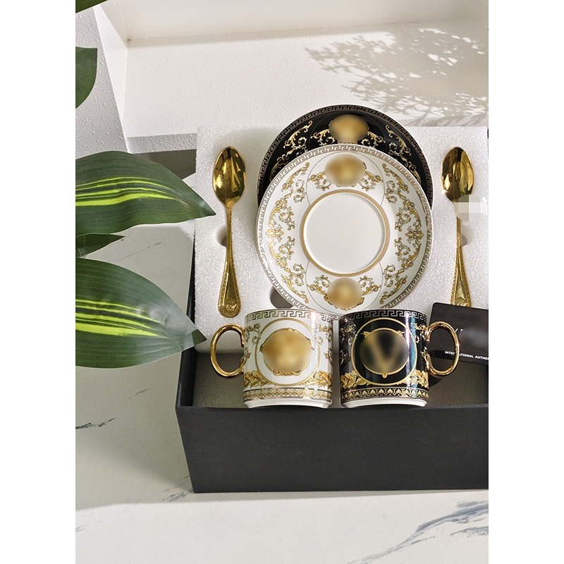 Gold belt handle bone china cup light luxury retro style home banquet coffee cup gold spoon set high-end souvenir