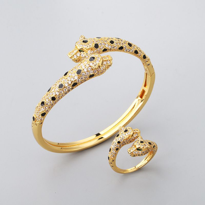 American Trendy Internet Celebrity Style Spotted Full Diamond Double Leopard Head Bracelet Ring High-End Light Luxury Fashion Factory Wholesale 43