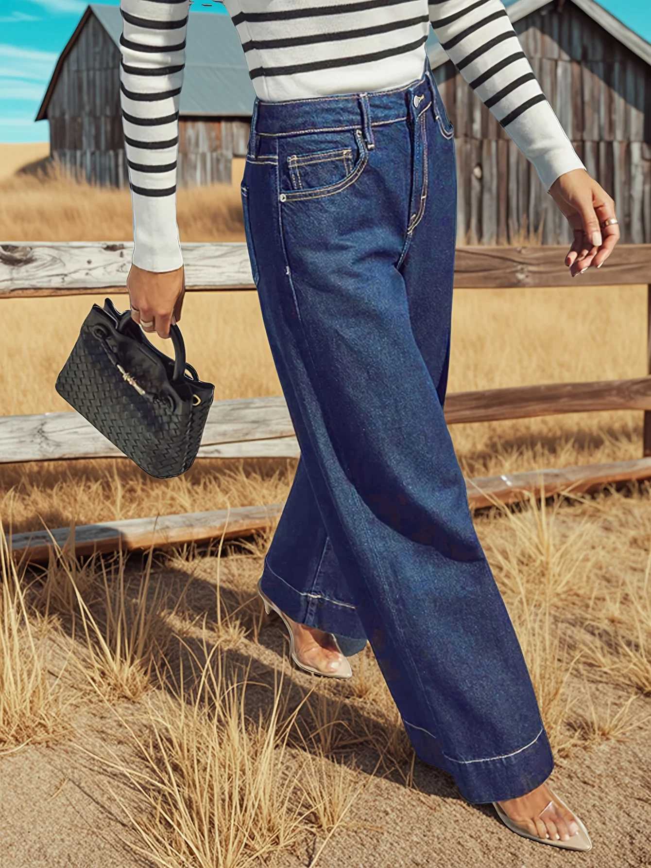 2025 New Womens High Rise Straight Jeans - Classic dark blue washed stretch jeans with button placket elegant and intellectualT251208