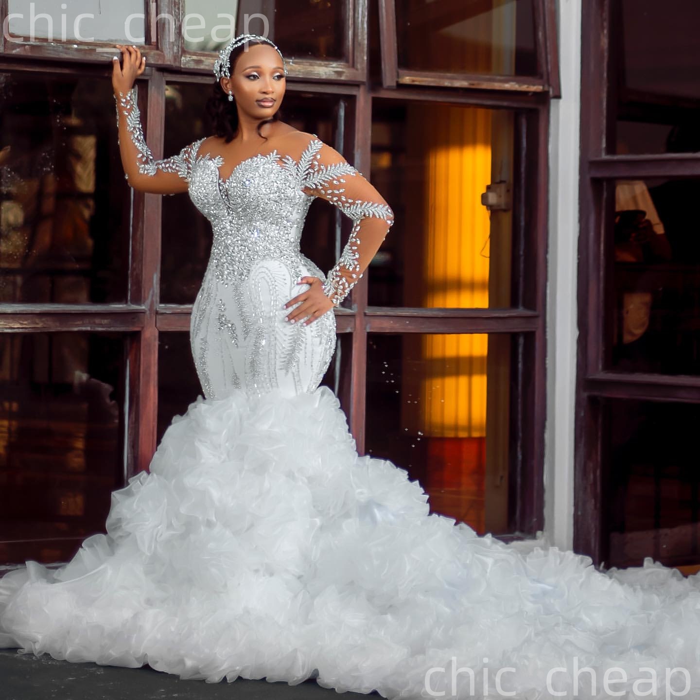 2026 Arabic Aso Ebi Plus Size Ivory Wedding Dresses Beaded Crystals Sheer Neck Organza Tiers Luxurious Bridal Gowns Dress For Brides ZJ2058