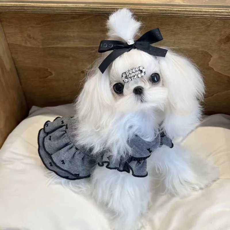 Summer Winter Grey Bow Pet Dog Clothes Cute Plush Teddy knitted skirt Bow Lace Half Skirt Thin Pet Dog Dresses for Small Dogs M251208