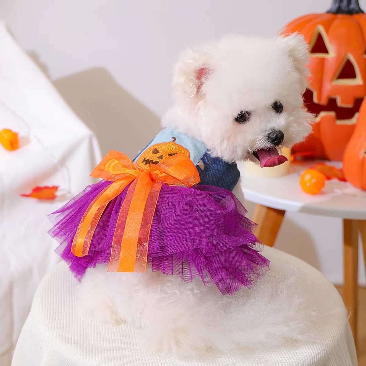1PC Quirky Pumpkin Skirt Pet Clothes Dog Cat Autumn Halloween Orange Bow Sleeveless Wedding Dress M251208
