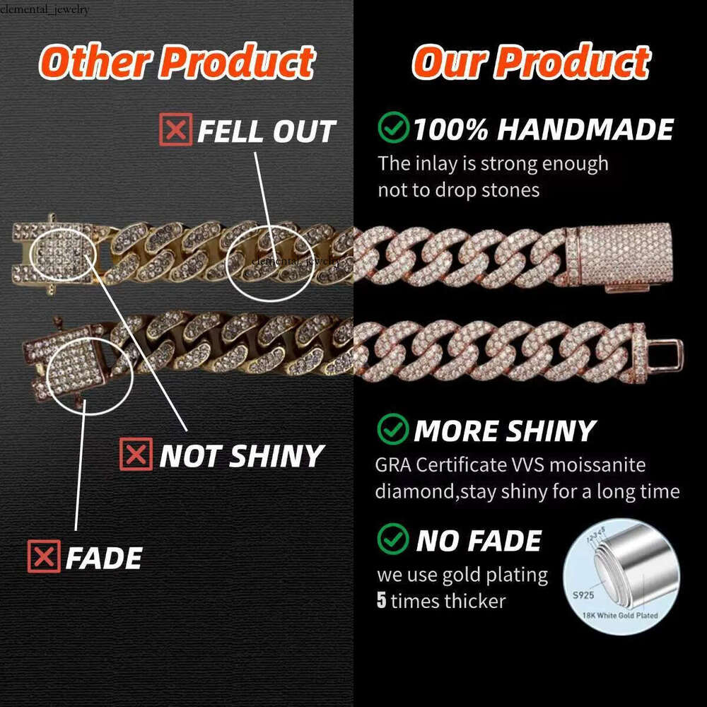 Heavy Thick Necklace Chaines 20mm Big Stone Cuban Link Chain Gra Iced Out VVS Moissanite 925 Silver Hip Hop Jewelry for Men