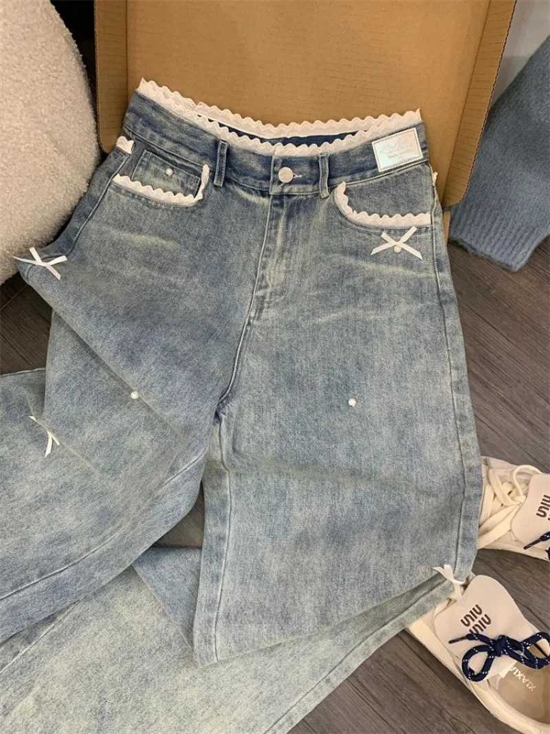 Sweet Bow Y2k Japanese Preppy Straight Jeans Women High Waist Denim Pants Wide Leg Chic Lace Patchwork Vintage TrousersT251208