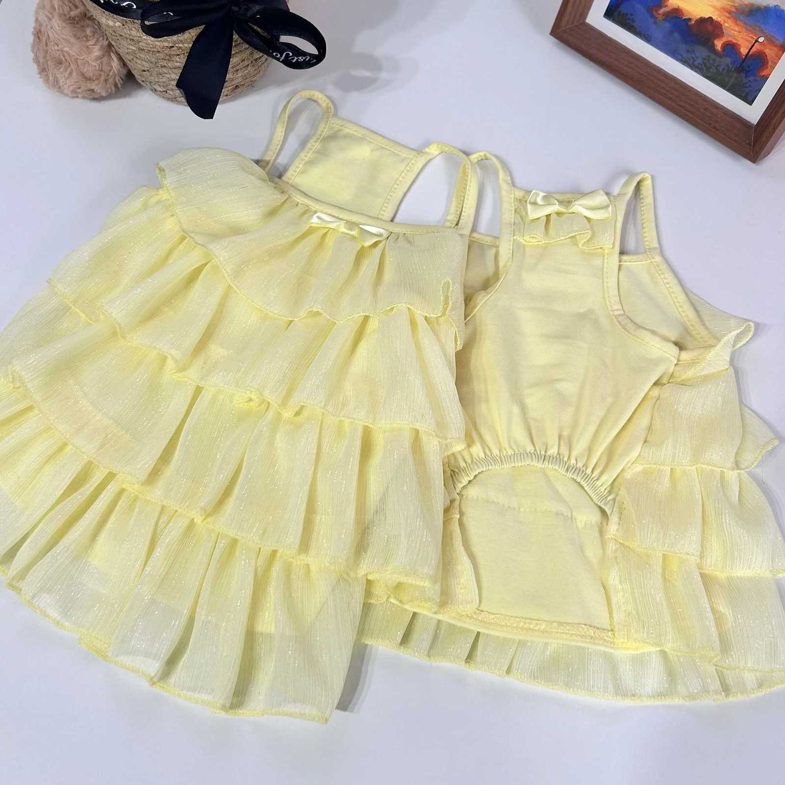 Yellow Pet Princess Dress Shiny Tiered Skirt Cat Dog Clothes For Small Medium Puppy Teddy Cute Bowknot Strap Vest Pet Clothes M251208