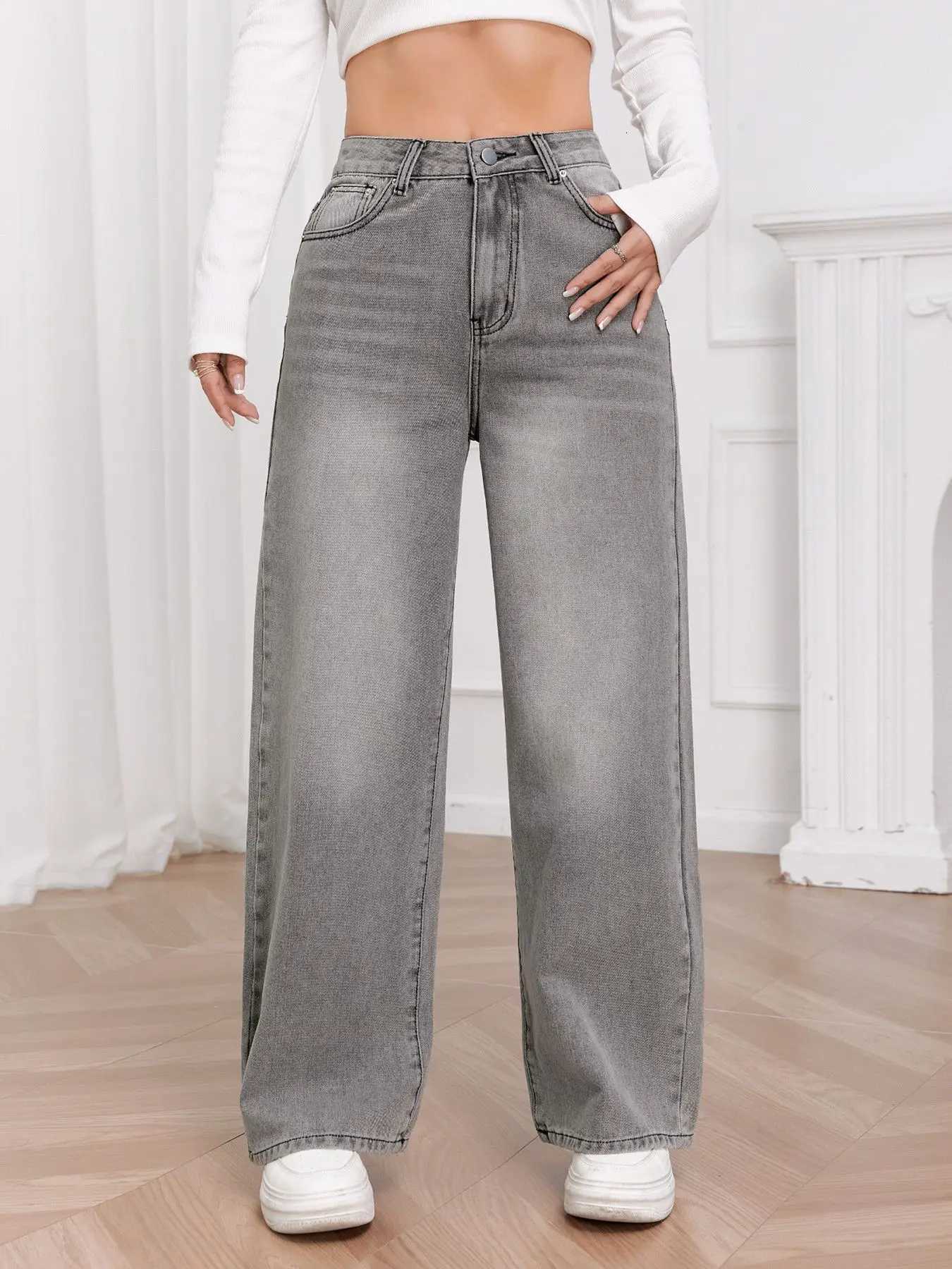 European and N Trend Washed Sky Gray Wide Leg Jeans Women Comfortable Fashion All-around Match Trend JeansT251208