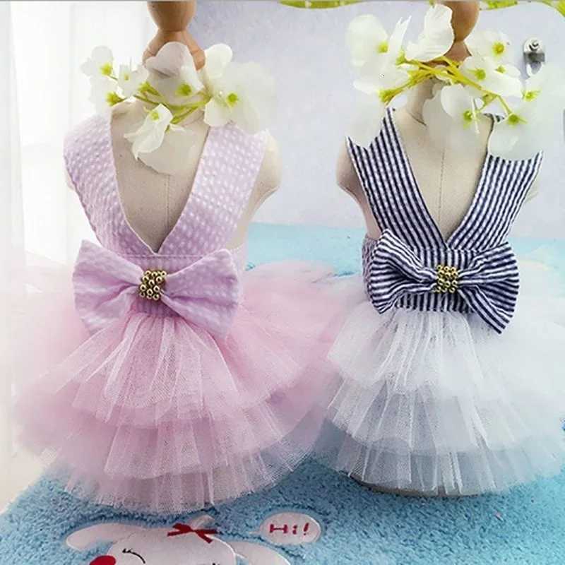 Spring Pet Summer Bowknot Pet Costume Dress Pet Dog Striped Cat Dog Puppy Wedding Princess Skirt Dog Clothes M251208