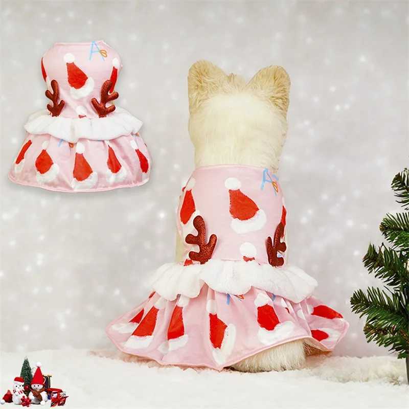 Dog Christmas Costume Christmas Hat Print Pet Cat Dress with Antlers Cosplay Clothes Outfit for Party Decoration M251208