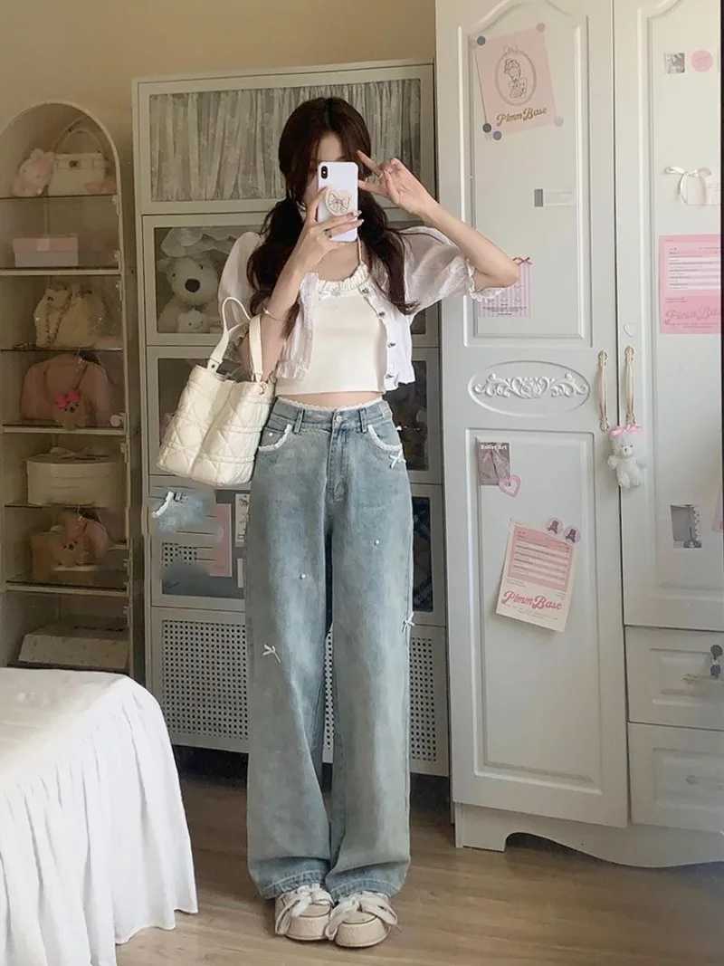 Sweet Bow Y2k Japanese Preppy Straight Jeans Women High Waist Denim Pants Wide Leg Chic Lace Patchwork Vintage TrousersT251208
