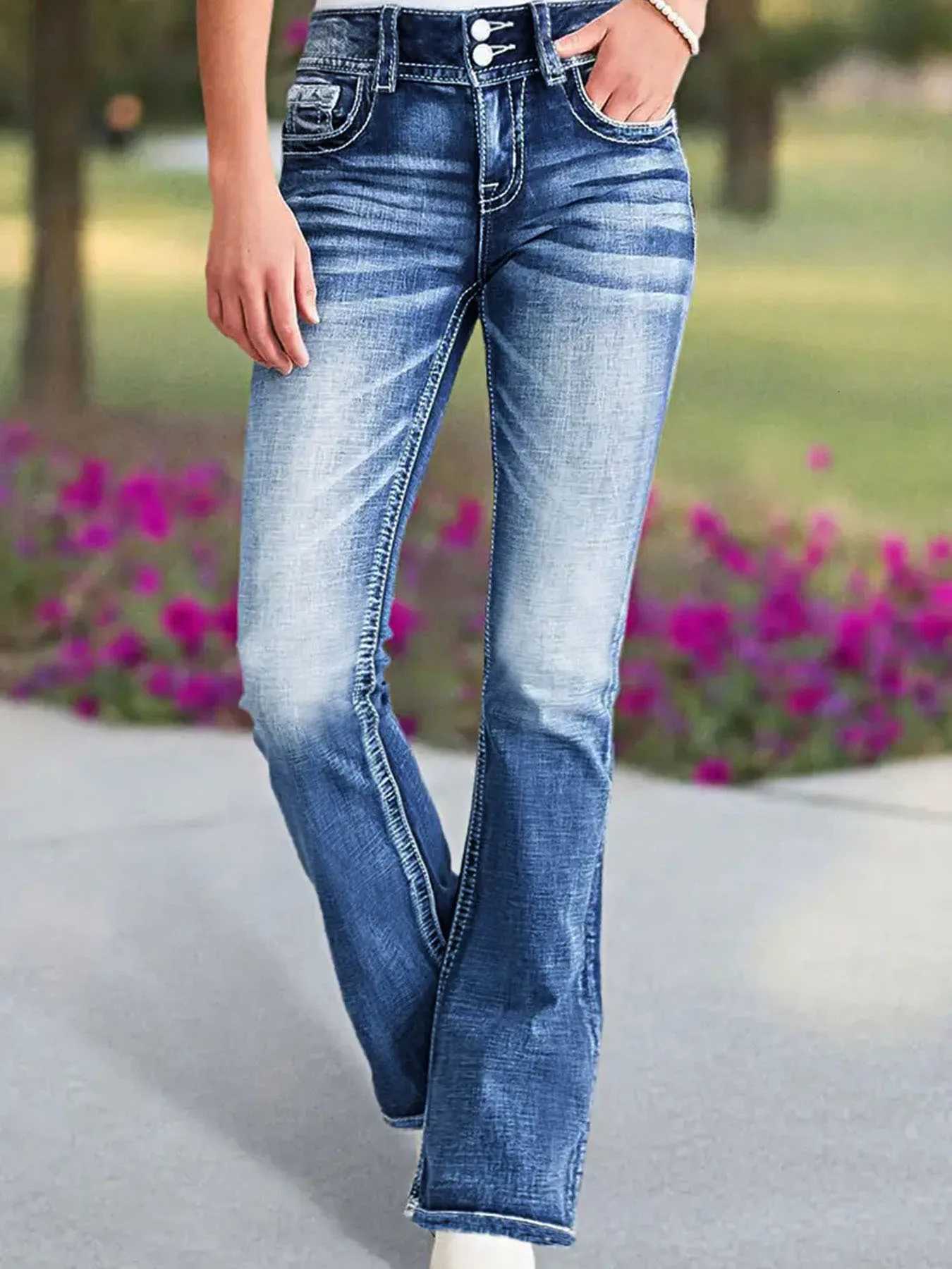 2025 New Womens High Waist Embroidery Boot Cut Jeans Fashion Slim Fit Stretch Denim Flared PantsT251208