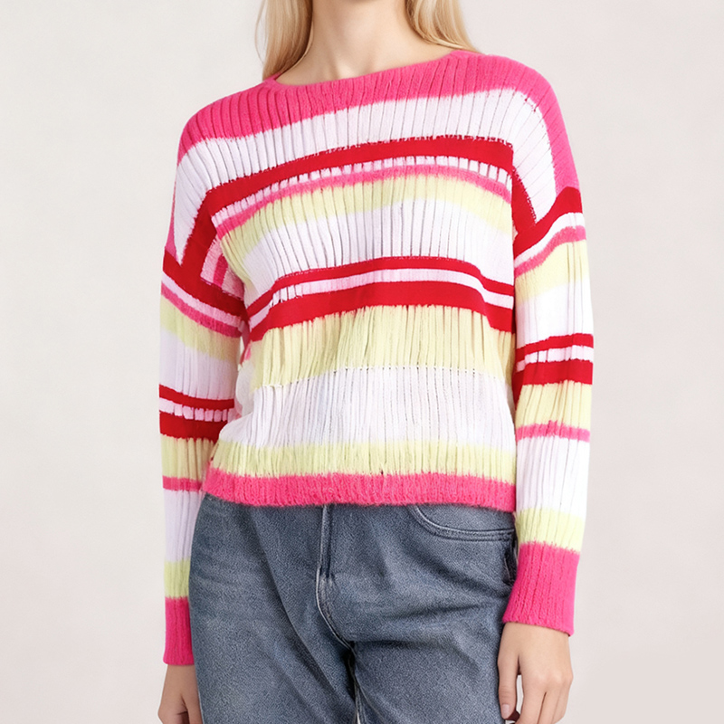Women's Blouses Women's Pleated Striped Crew Neck Long Sleeve Sweater - Loose Fit Retro Knit Top 22261