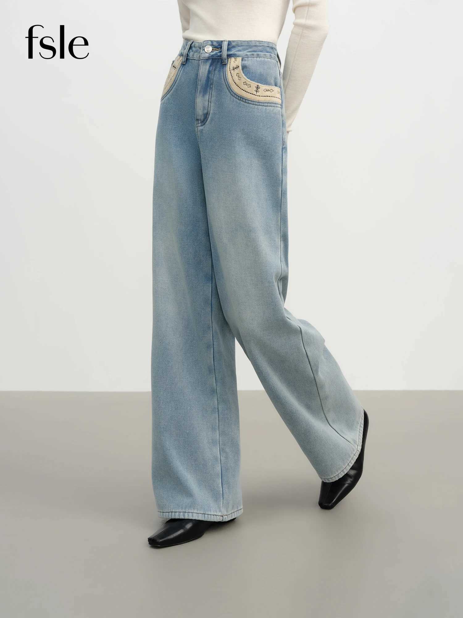 FSLE Vintage Distressed Embroidered Jeans with High-Waisted Slimming Design Winter Womens Water-Washed Wide-Leg Loose-Fit JeansT251208