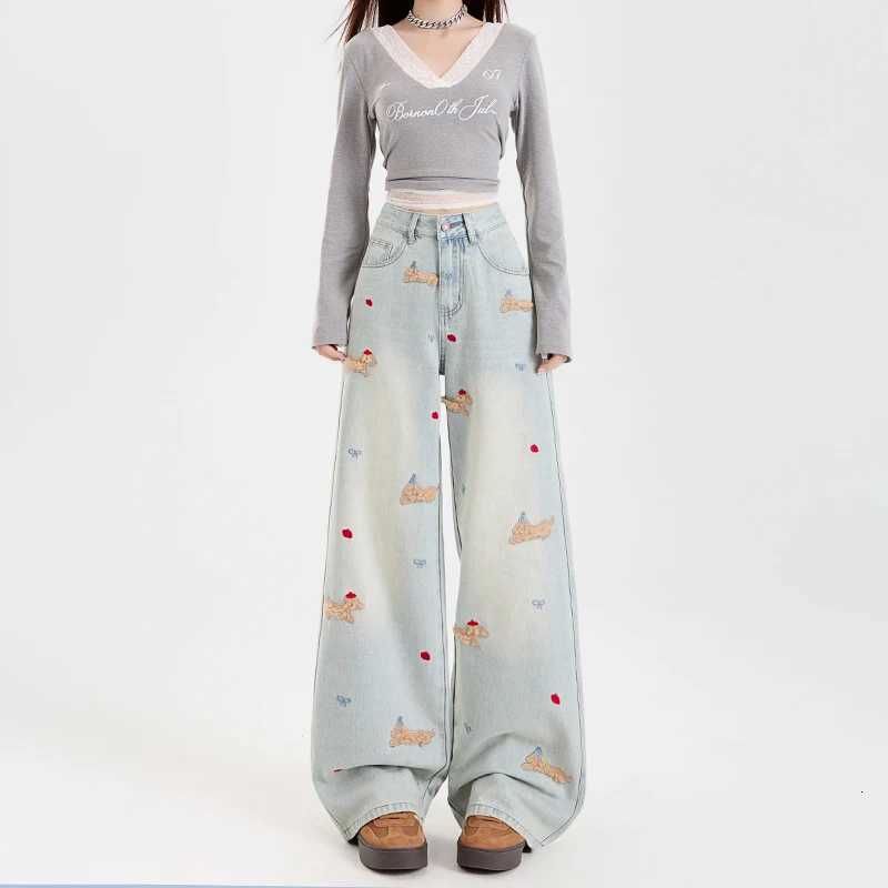 White Dachshund High-waisted Wide-leg Jeans for Women Autumn and Winter Embroidered Slimming Loose Straight Floor-length PantsT251208