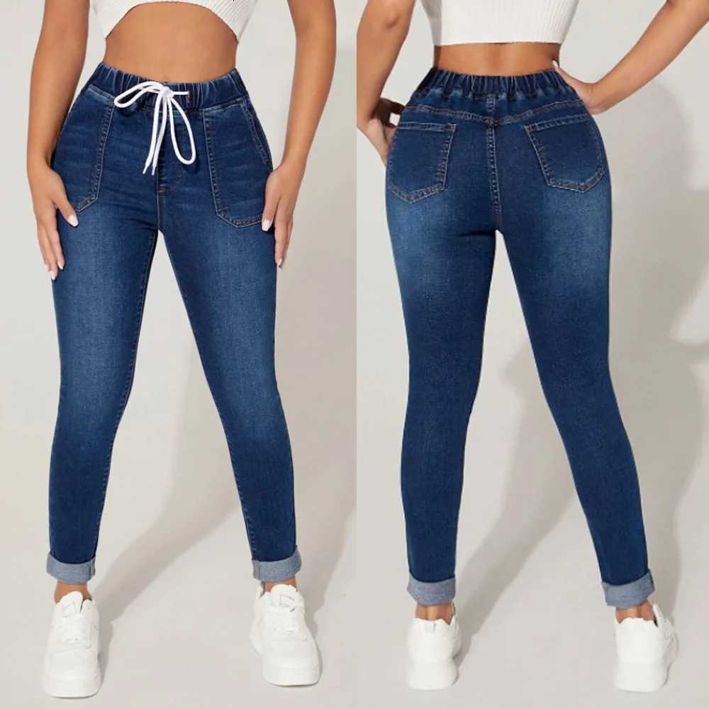 2023 Autumn and Winter Womens High Stretch Elastic Waist Drawstring Jeans Fashion Skinny Slim Ankle-Length Denim Pencil PantsT251208