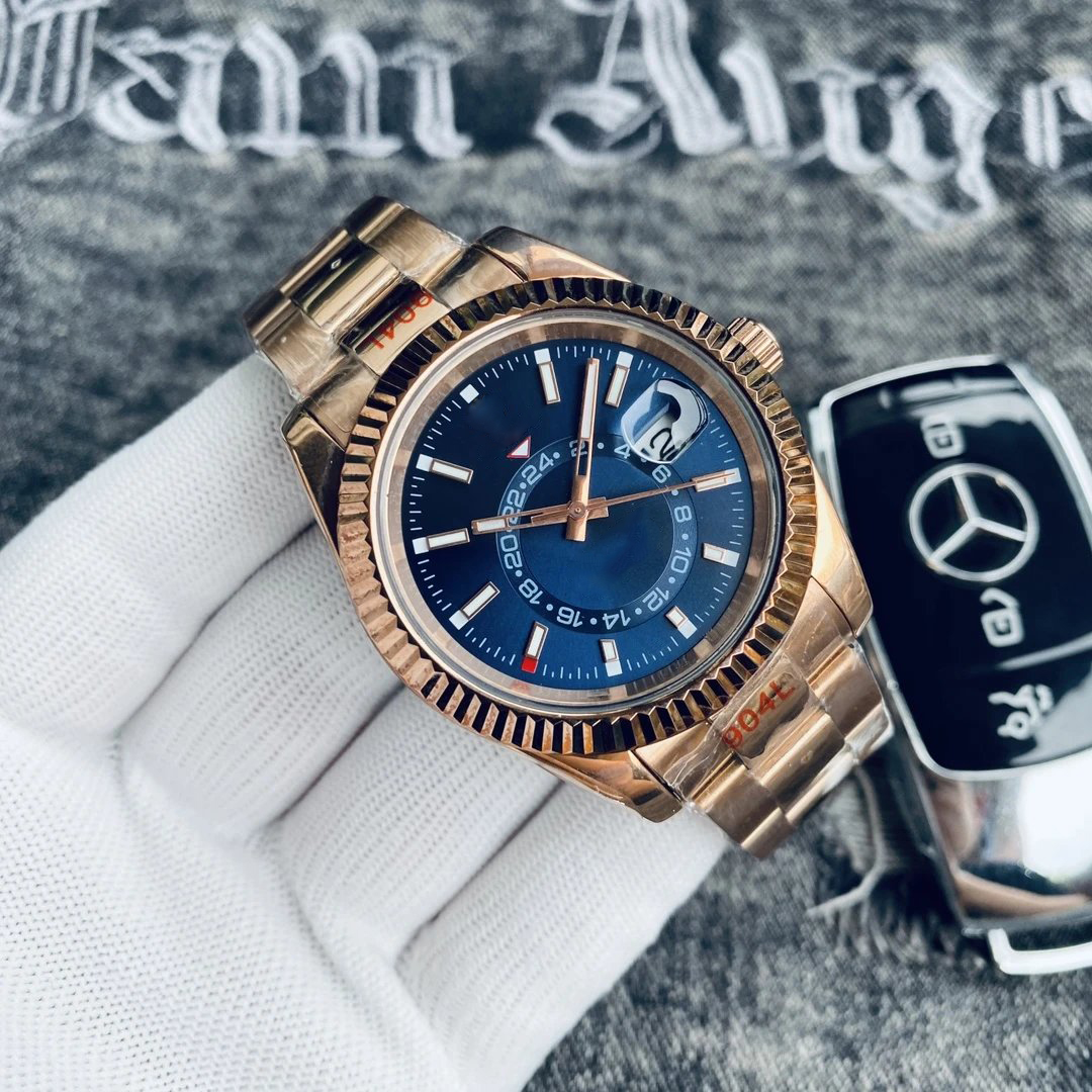 Skywalker Designer Mens Watch 42MM Blue Dual Time Zone Dial Automatic Mechanical Movement Watches High Quality 904L Stainless Steel Oysters Strap Waterproof Watch