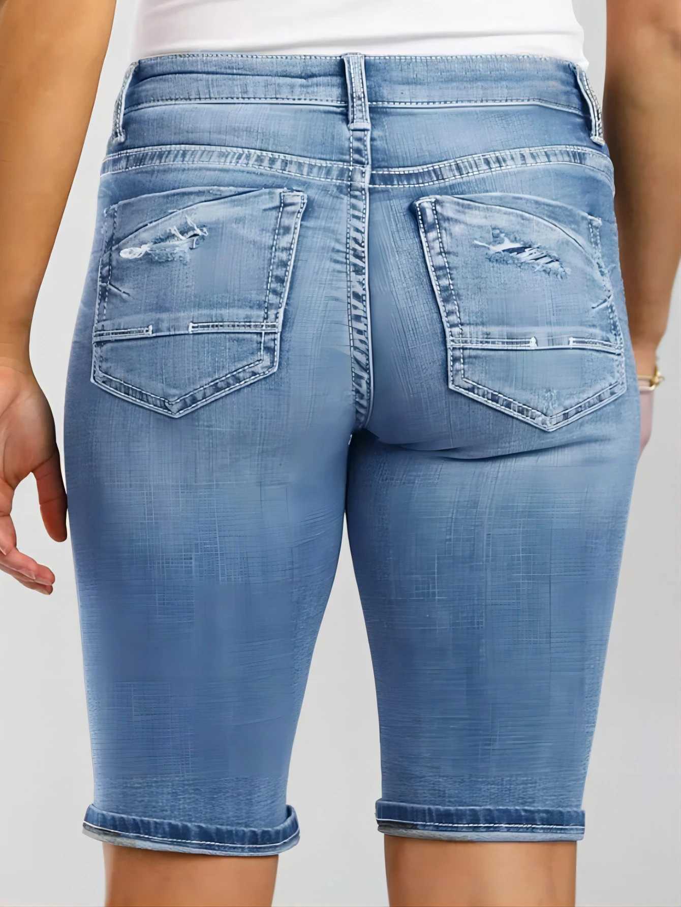 Womens pocket-breaking casual Bermuda Denim shortsT251208