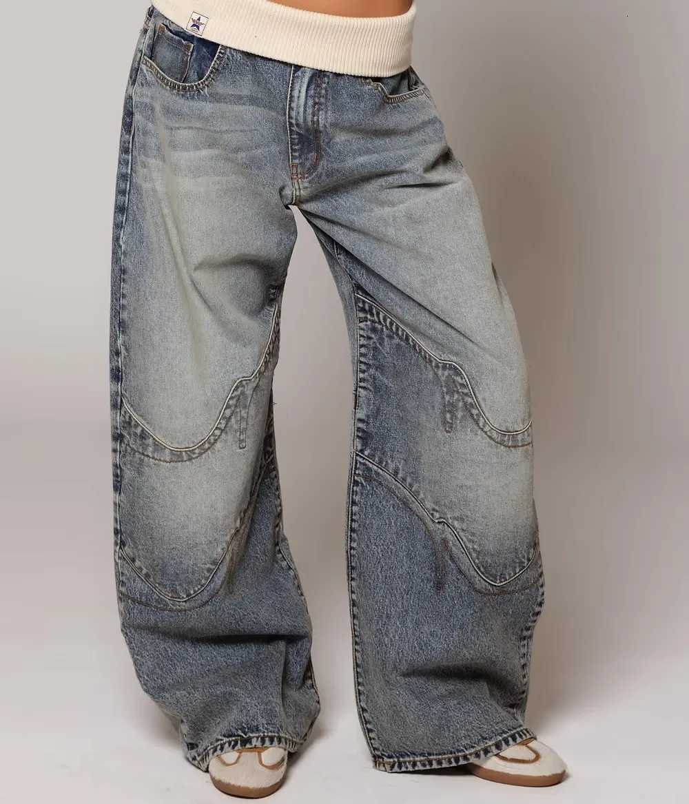 Baggy Retro Jeans for Women Y2k Hip Hop Splice Fashion Jeans Basics Simple Wide Leg Pants Cargo Pants American Street ClothesT251208