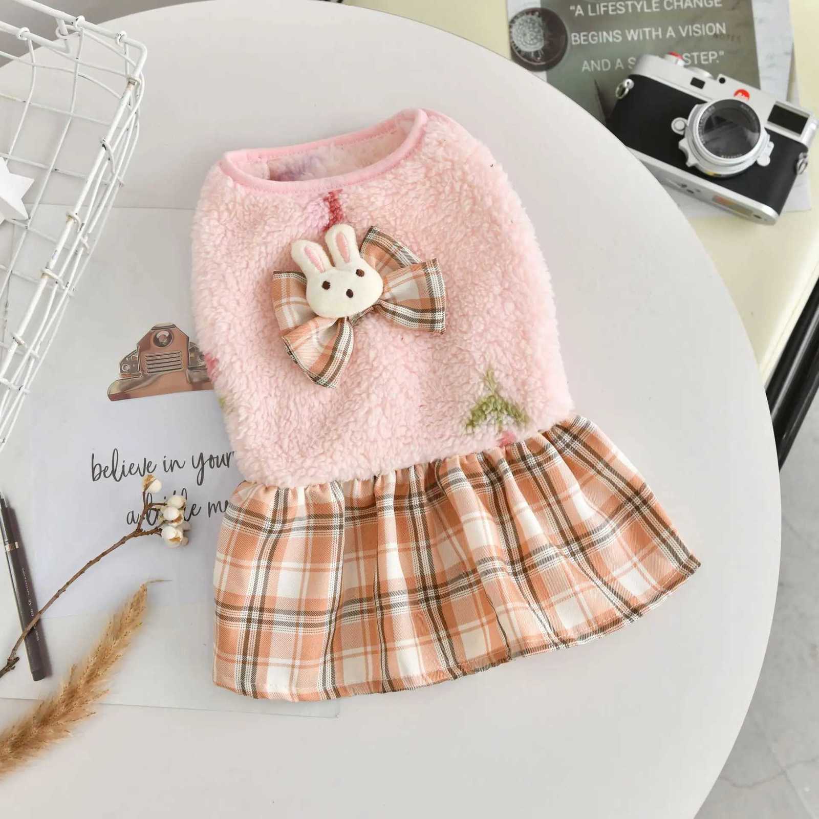 Winter Dog Cat Dress Pink Vest With Plaid Skirt Puppy Costume Pomeranian Poodle Schnauzer Autumn Outfit Puppy Clothes Accessory M251208