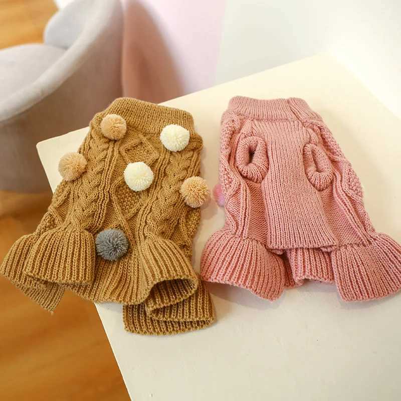 Pink Brown Winter Dog Sweater Skirt Knitwear Soft Warm Ball Cat Clothes Coat Small Yorkie Chihuahua Pet Clothing Puppy Hoodie M251208