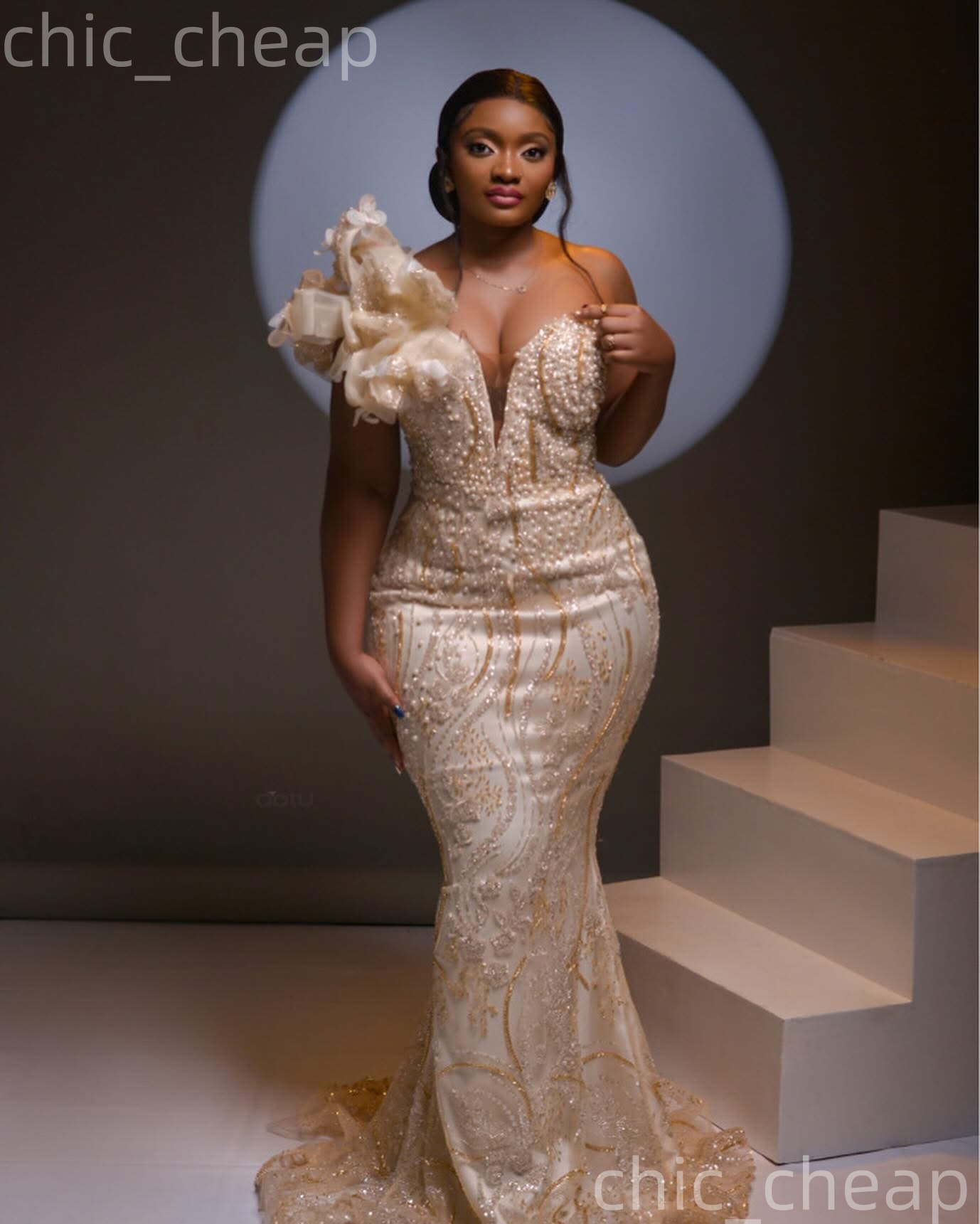 Aso Ebi Champagne Mermaid Prom Dresses 2026 Pearls Flowers One Shoulder Evening Formal Party Second Birthday Engagement Gowns Plus Size Dress For Spec