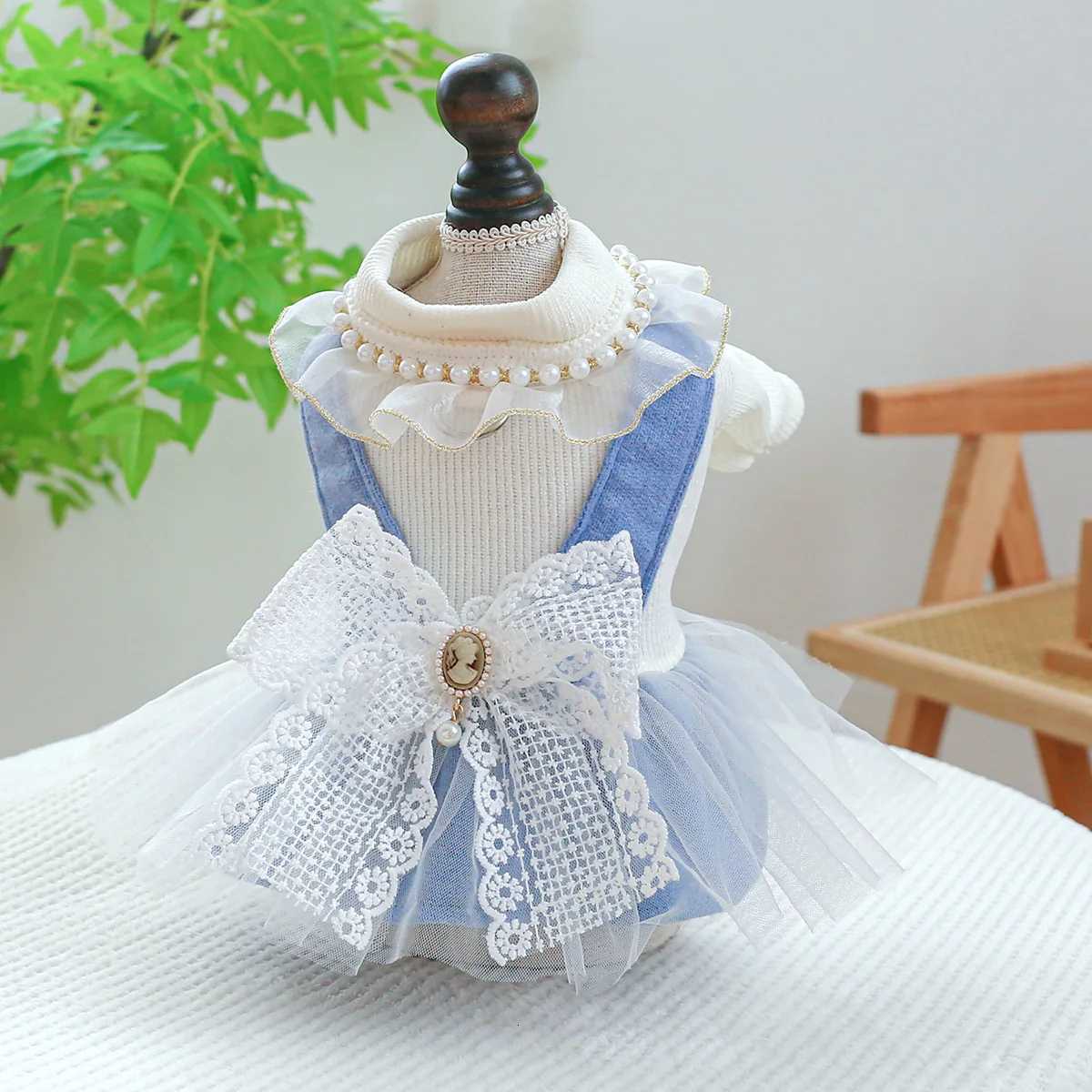 Pearl Design Dog Collar Lace Design Dog Tutu Skirts with Big Bow Decoration Princess Style Beauty Skirts Pet Party Clothing M251208