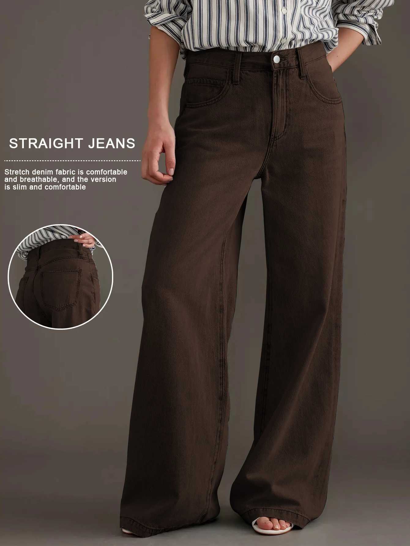 Womens new jeans washed vintage brown wide-leg jeans high waist cut elegant fashion style retro silhouetteT251208