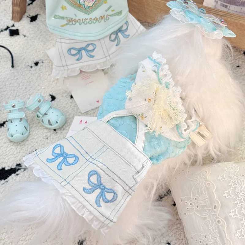 Pet Autumn/Winter Sweet Bow Embroidered Cowboy Strap Skirt Simple Small Dog Teddy Dress for Small Dogs Puppy Clothes M251208