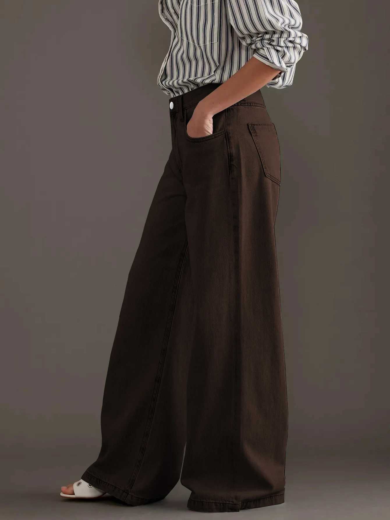 Womens new jeans washed vintage brown wide-leg jeans high waist cut elegant fashion style retro silhouetteT251208